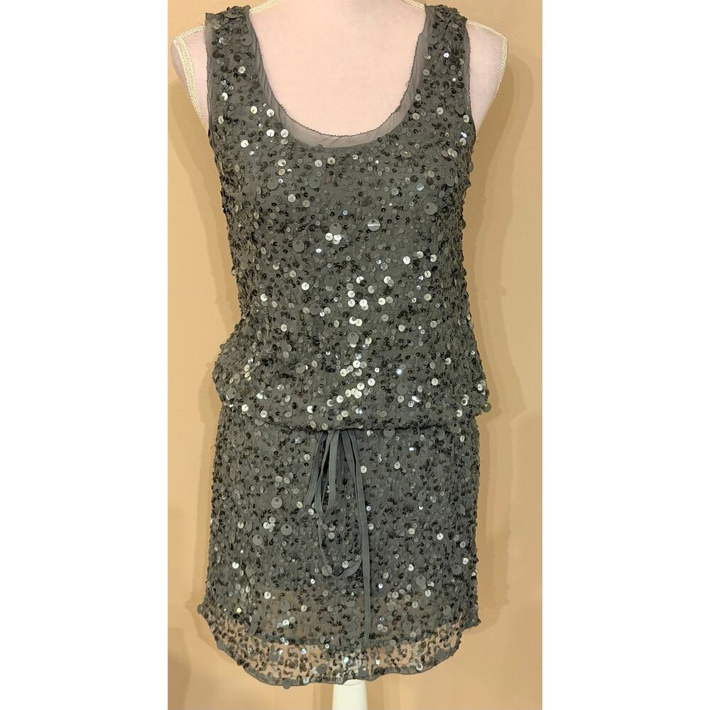 Gold Hawk Women's Small Sequin Mini Dress Gray Silk Slip Tie Back Sleeveless